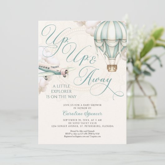 Adventure Balloon Airplane Baby Shower Invitation Kaart (Staand voorkant)