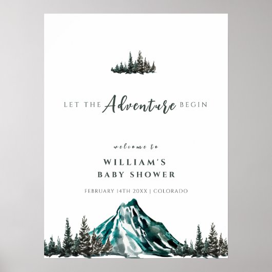 Adventure Begin Mountain Pine Baby shower Welkom Poster (Voorkant)