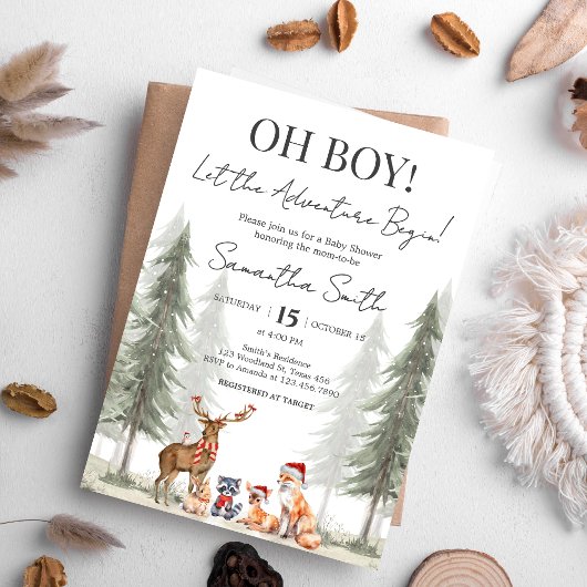 Adventure Begin Winter Woodland Baby Shower Kaart