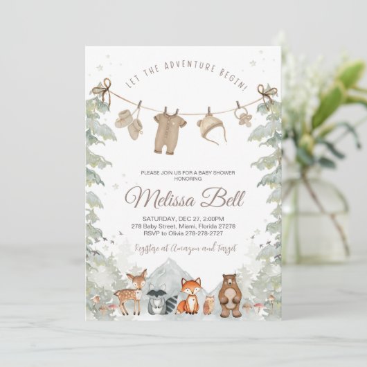 Adventure Begin Woodland Animals Baby Shower Kaart (Staand voorkant)