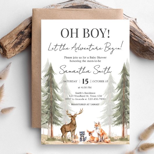 Adventure Begin Woodland Animals Baby shower Kaart