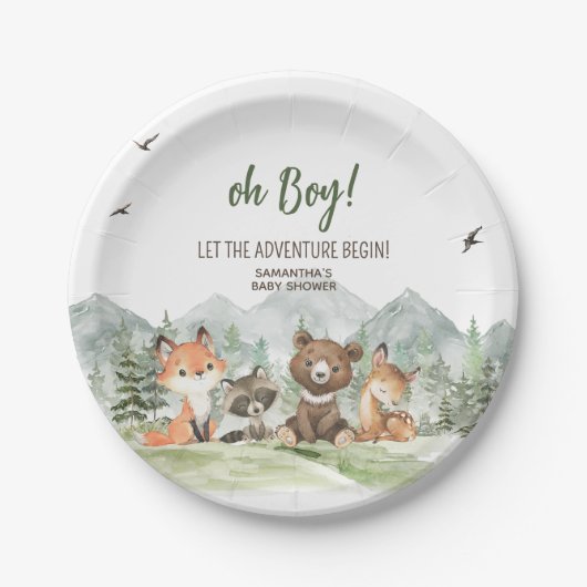 Adventure Begin Woodland Animals Baby shower Papieren Bordje (Voorkant)
