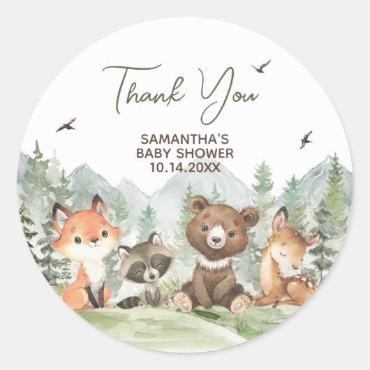 Adventure Begin Woodland Animals Baby shower Ronde Sticker (Voorkant)