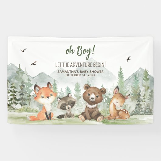 Adventure Begin Woodland Animals Baby shower Spandoek (Horizontaal)