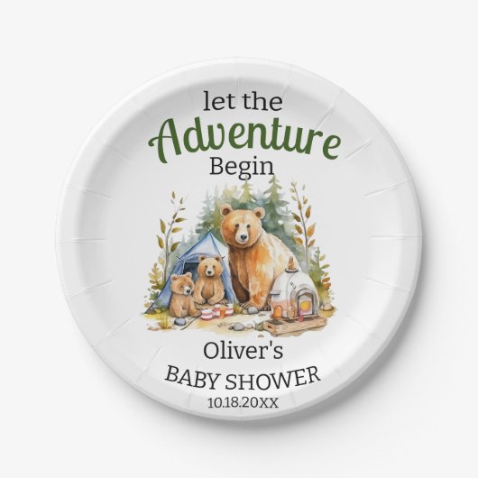 Adventure Begin Woodland Baby shower Papieren Bordje (Voorkant)