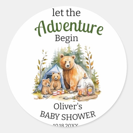 Adventure Begin Woodland Baby shower Ronde Sticker (Voorkant)