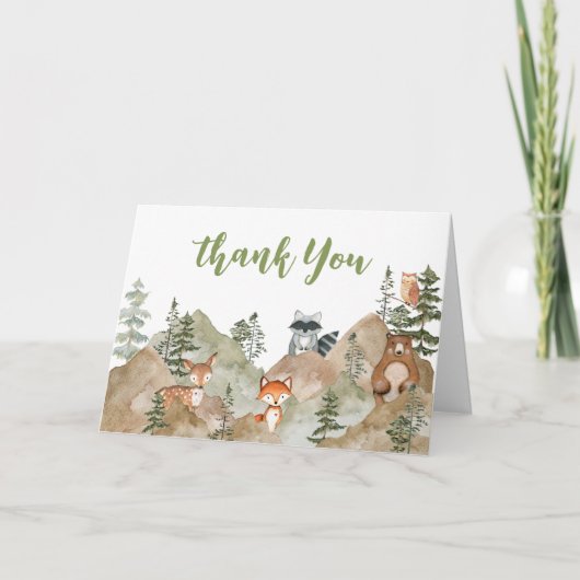 Adventure Begin Woodland Mountain Baby shower Bedankkaart (Voorkant)
