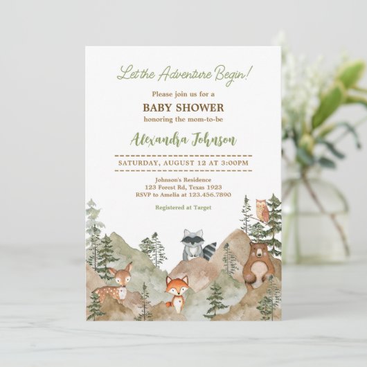 Adventure Begin Woodland Mountain Baby shower Kaart (Staand voorkant)