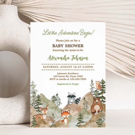 Adventure Begin Woodland Mountain Baby shower Kaart
