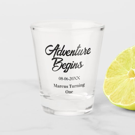 Adventure begins 1st birthday name date simple min shot glas (Voorkant)