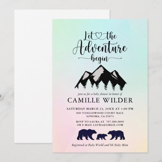 Adventure begint bergen Beren Baby shower Invi Kaart (Voorkant / Achterkant)