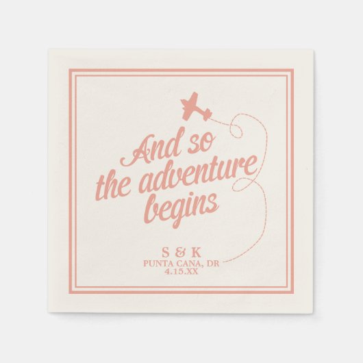 Adventure begint | Bestemmingsweddenschap - Roze Servetten (Voorkant)
