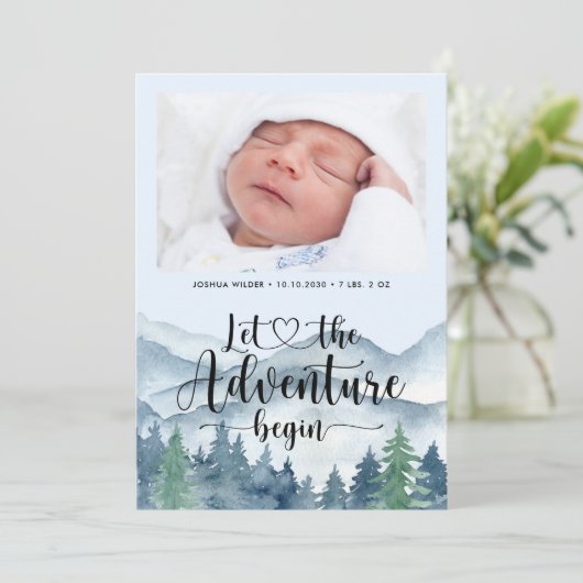 Adventure begint Fotogeboorte Aankondiging (Staand voorkant)