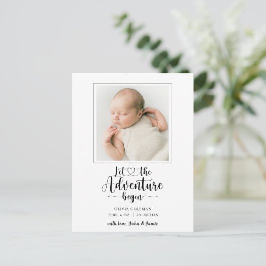 Adventure begint Fotogeboorte Aankondigingskaart (Staand voorkant)