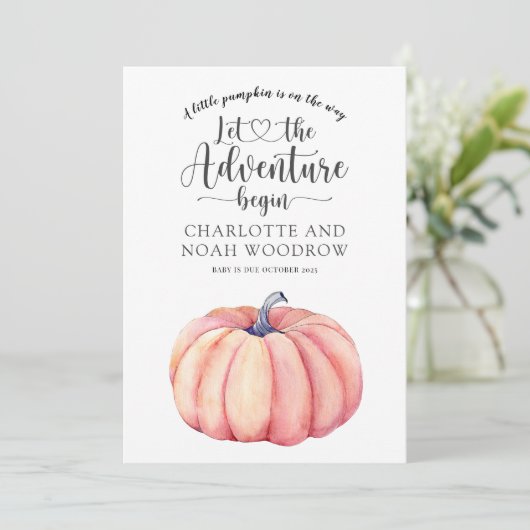 Adventure begint kleine pompoenzwangerschap aankondiging (Staand voorkant)