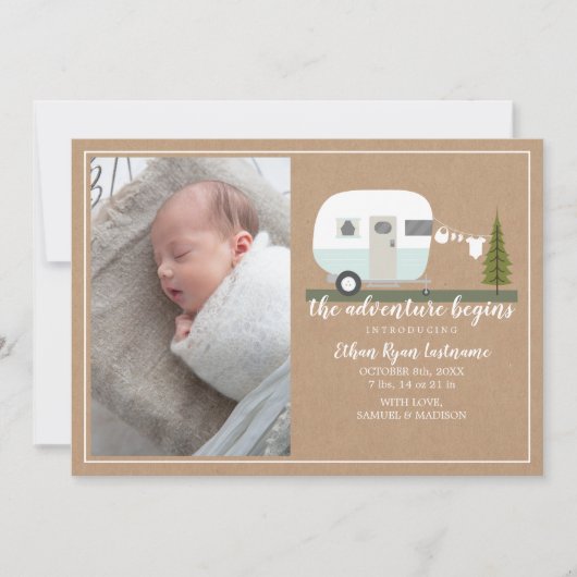 Adventure begint met Blue Camper Baby Birth Aankondiging (Voorkant)