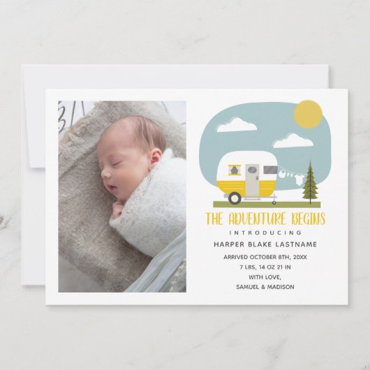 Adventure begint met gele Camper Baby geboorte Aankondiging (Voorkant)