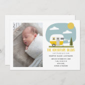 Adventure begint met gele Camper Baby geboorte Aankondiging (Voorkant / Achterkant)