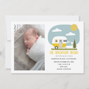 Adventure begint met gele Camper Baby geboorte Aankondiging