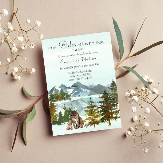 Adventure begint met Girl Lynx Rustic Baby shower Kaart