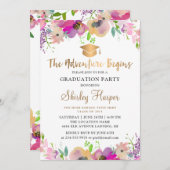 Adventure begint met Gold Script Floral Afstuderen Kaart (Voorkant / Achterkant)