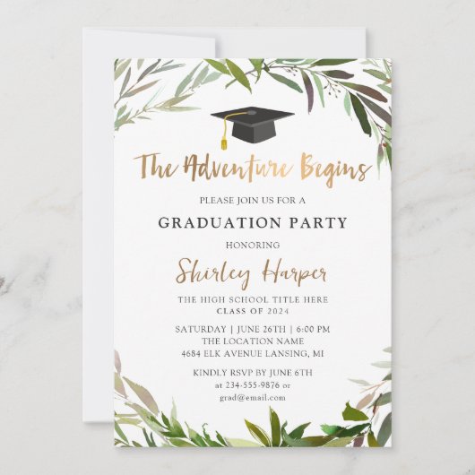 Adventure begint met Gold Script Greenery Afstuder Kaart (Voorkant)