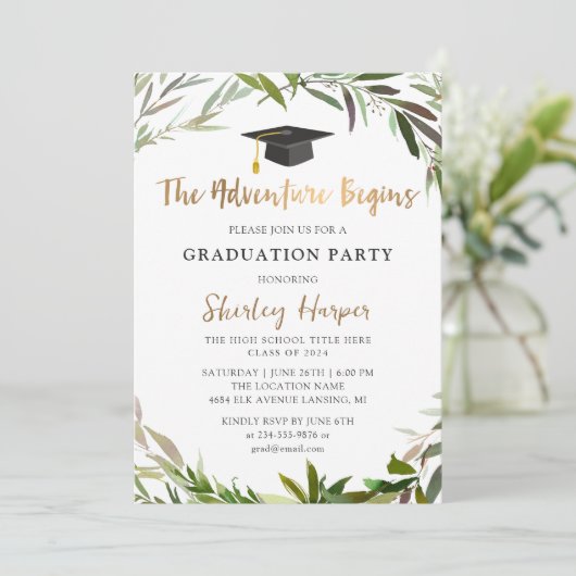 Adventure begint met Gold Script Greenery Afstuder Kaart (Staand voorkant)