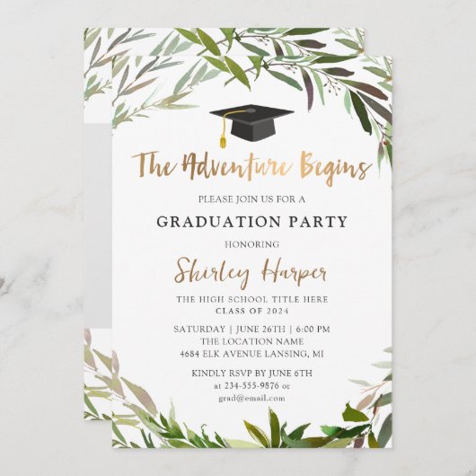 Adventure begint met Gold Script Greenery Afstuder Kaart (Voorkant / Achterkant)