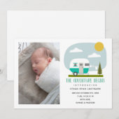 Adventure begint met Turquoise Camper Baby Birth Aankondiging (Voorkant / Achterkant)