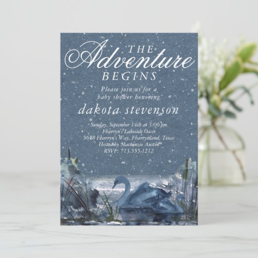 Adventure begint | Rustisch Snowy Blue Baby shower Kaart (Staand voorkant)