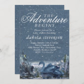 Adventure begint | Rustisch Snowy Blue Baby shower Kaart (Voorkant / Achterkant)