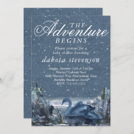 Adventure begint | Rustisch Snowy Blue Baby shower Kaart