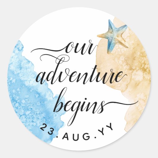 Adventure begint Waterverf kuststrand bruiloft Ronde Sticker (Voorkant)