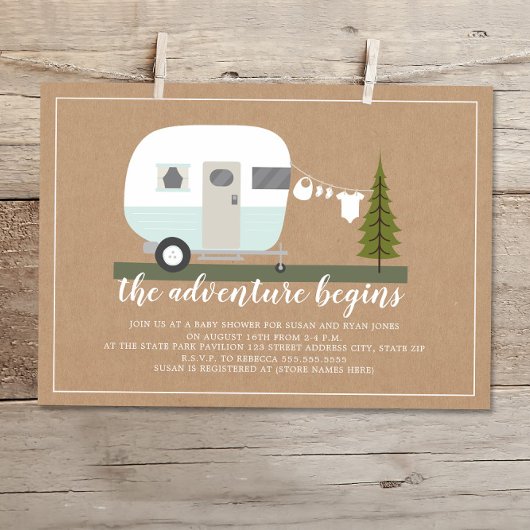 Adventure Blue Trailer Camper Woodland Baby shower Kaart