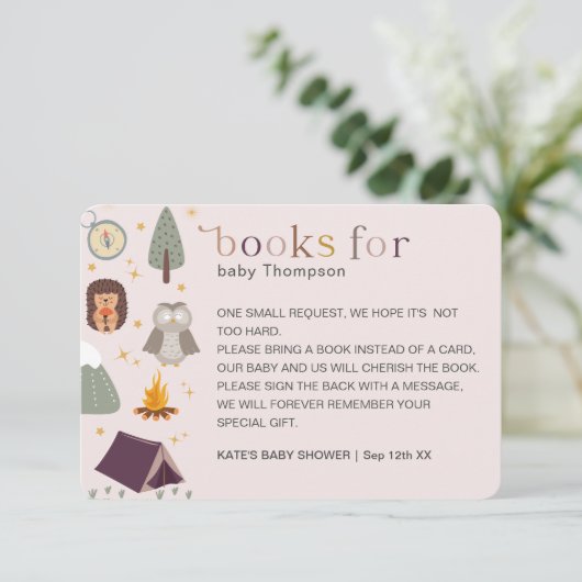 Adventure Camping Girl Soft Pink Baby Book Request Informatiekaartje (Staand voorkant)