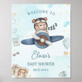 Adventure Cute Bear Blue Plane Boy Baby Shower Poster (Voorkant)