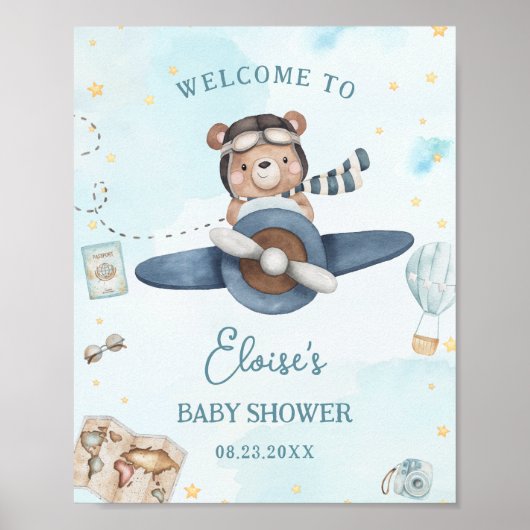 Adventure Cute Bear Blue Plane Boy Baby Shower Poster (Voorkant)