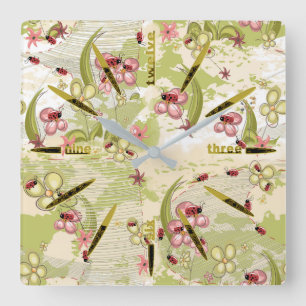 Adventure Ditsy Ladybirds Square Wall Clock Vierkante Klok