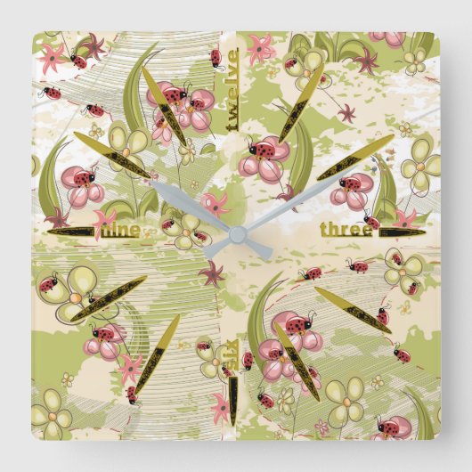 Adventure Ditsy Ladybirds Square Wall Clock Vierkante Klok (Voorkant)