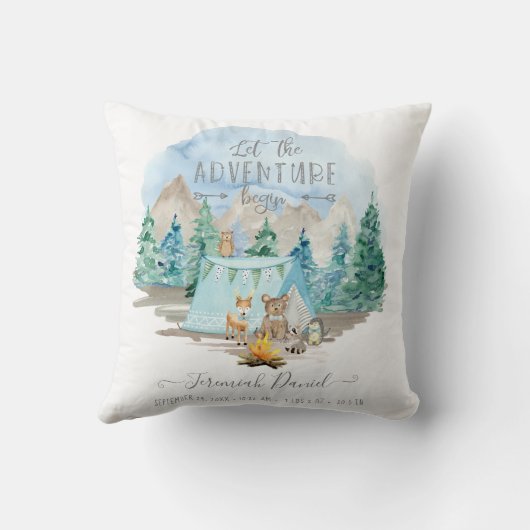 Adventure Forest Animals Camp Baby Boy Birth Stats Kussen (Achterkant)