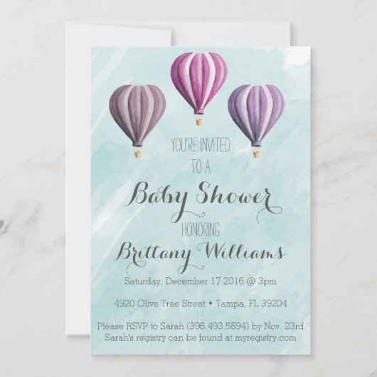 Adventure Hot Air Balloon Baby shower Uitnodiging (Voorkant)