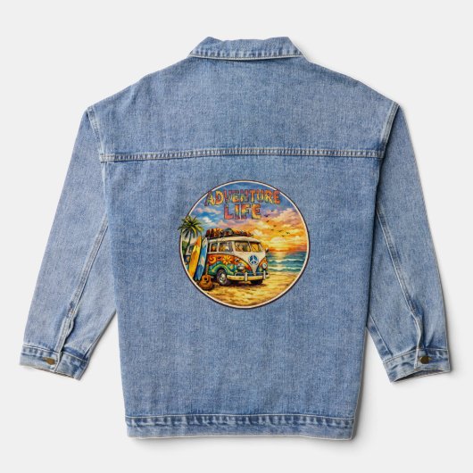 Adventure Life Retro Hippie Beach Sunset Graphic Denim Jacket (Achterkant)