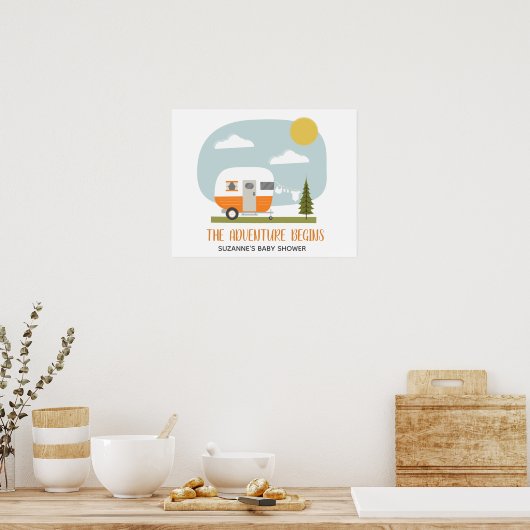 Adventure Oranje Retro Camper Neutraal Baby shower Poster (Keuken)