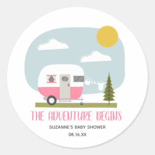 Adventure Pink Camper Clothesline Baby shower Ronde Sticker