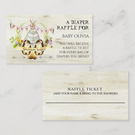 Adventure Pink Girl Hedégel Teepee Diaper Raffle Informatiekaartje (Voorkant / Achterkant)