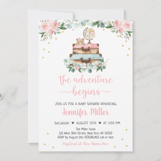 Adventure Pink Gold Floral Travel Baby shower Kaart (Voorkant)