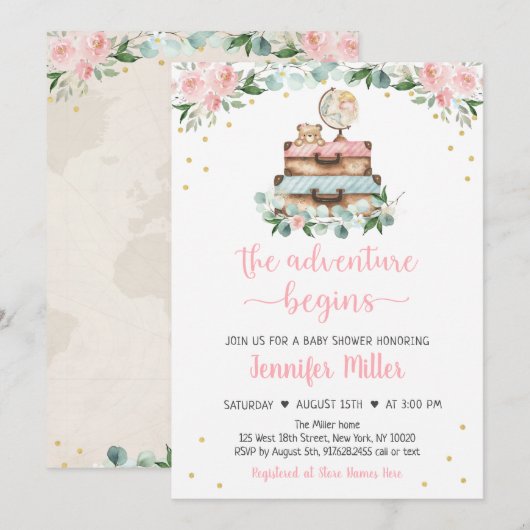 Adventure Pink Gold Floral Travel Baby shower Kaart (Voorkant / Achterkant)