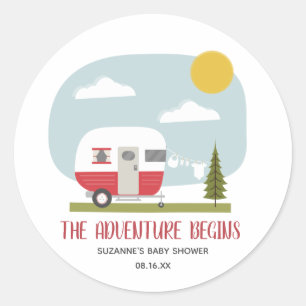 Adventure Red Camper Clothesline Baby shower Ronde Sticker