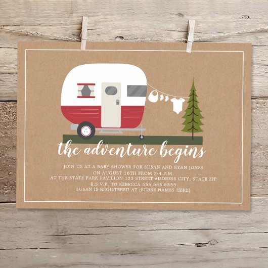 Adventure Red Trailer Camper Woodland Baby shower Kaart