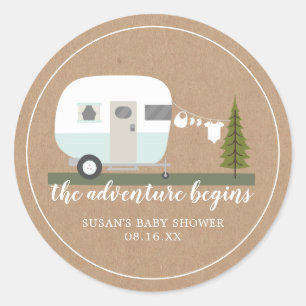 Adventure Retro Camper Trailer Blue Baby shower Ronde Sticker
